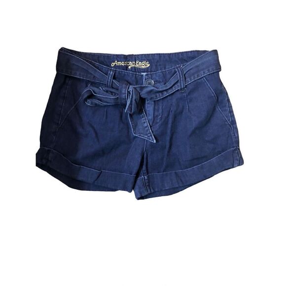 American Eagle blue denim cotton belted cuffed shorts with side pockets size 2 - Picture 3 of 11